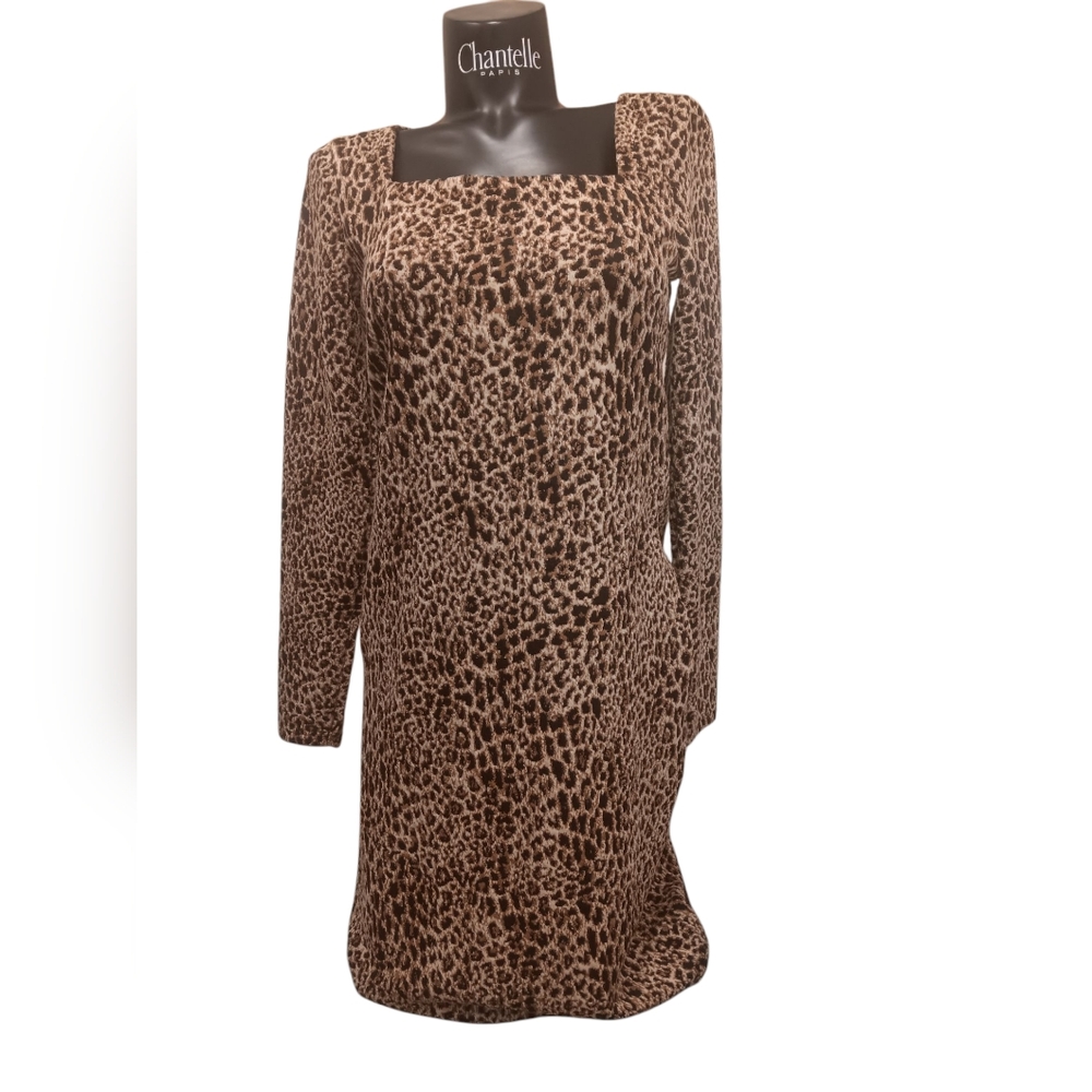 Black and Brown Dres Milkmaid, Long Sleeve, Sheath, Leopard Print  for Night Out